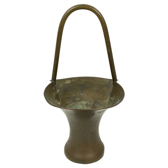 Antique Brass Flower Basket With Handle & Tapered Base - Picture 1 of 4